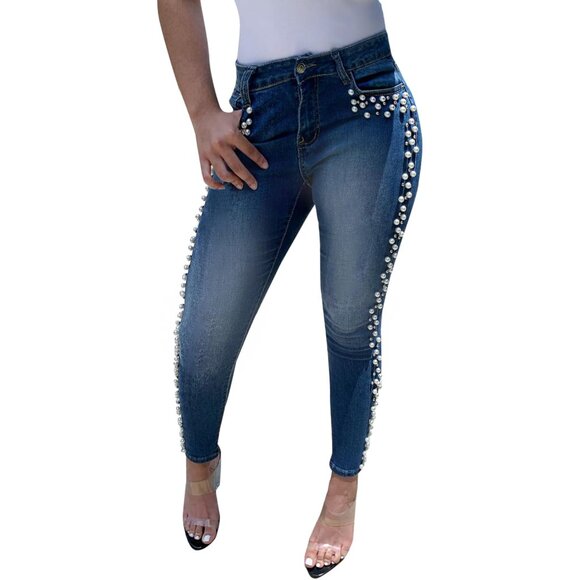 Women's Pearl Jeans Plus Size Skinny Mid Waist Stretch Denim Pants - Picture 2 of 8